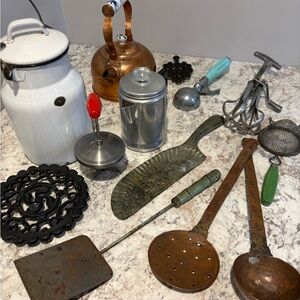 Vintage Kitchen Utensil Set with Copper and White Accents